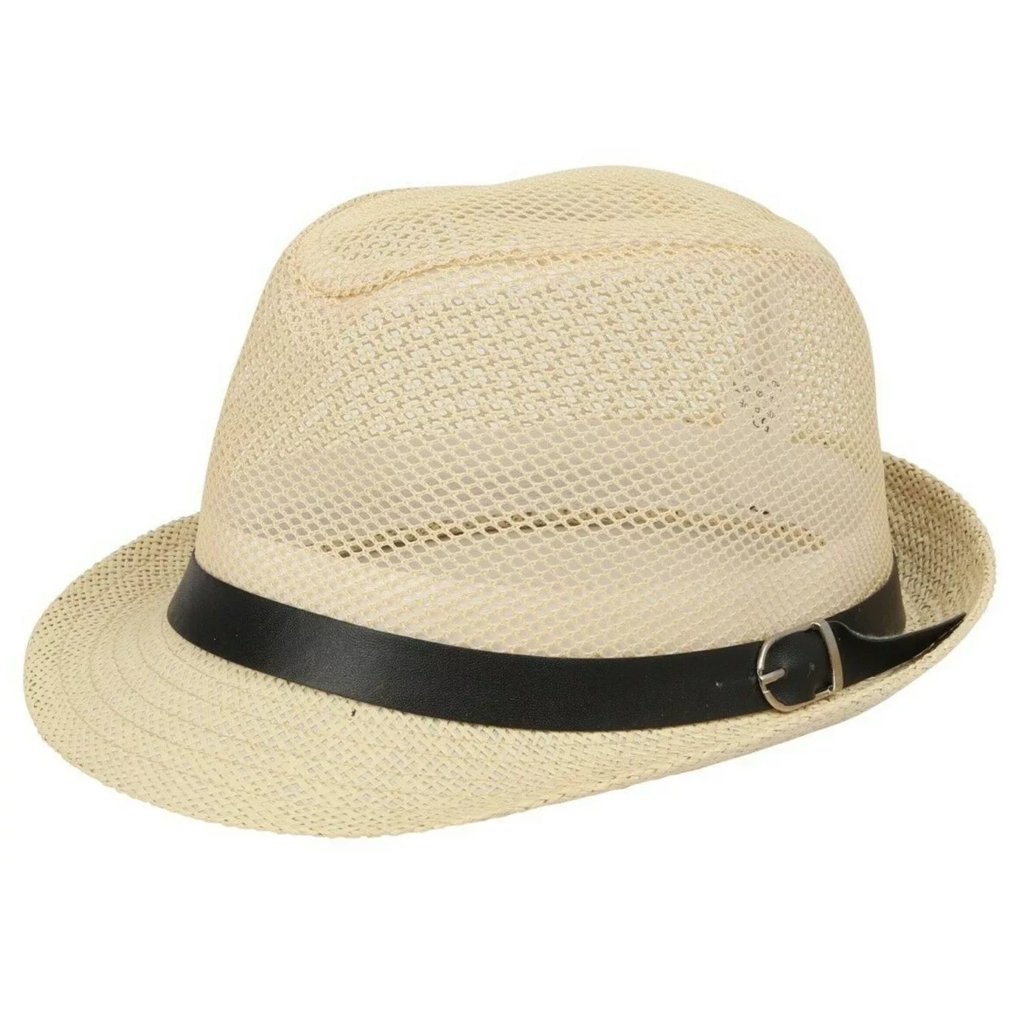 Unisex natural beige straw trilby hat with breathable mesh upper and black band – men's and ladies lightweight summer sun hat for holidays and festivals
